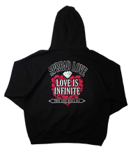 Load image into Gallery viewer, "LOVE IS INFINITE" V-DAY BLACK HOODIE | FRONT + BACK (3D PUFF/GLOW IN THE DARK)