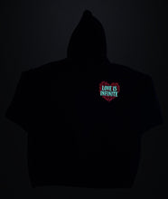 Load image into Gallery viewer, "LOVE IS INFINITE" V-DAY BLACK HOODIE | FRONT + BACK (3D PUFF/GLOW IN THE DARK)