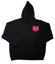 Load image into Gallery viewer, "LOVE IS INFINITE" V-DAY BLACK HOODIE | FRONT + BACK (3D PUFF/GLOW IN THE DARK)