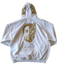 Load image into Gallery viewer, "WAKANDA FOREVER" WHITE HOODIE | FRONT + BACK + SLEEVE + HOOD (GOLD/GLOW IN THE DARK)