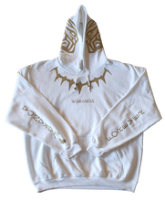 Load image into Gallery viewer, "WAKANDA FOREVER" WHITE HOODIE | FRONT + BACK + SLEEVE + HOOD (GOLD/GLOW IN THE DARK)