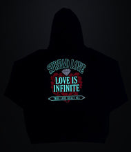 Load image into Gallery viewer, &quot;LOVE IS INFINITE&quot; V-DAY BLACK HOODIE | FRONT + BACK (3D PUFF/GLOW IN THE DARK)
