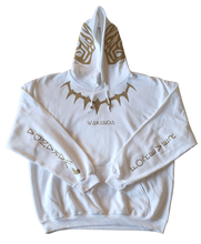 Load image into Gallery viewer, &quot;WAKANDA FOREVER&quot; WHITE HOODIE | FRONT + BACK + SLEEVE + HOOD (GOLD/GLOW IN THE DARK)
